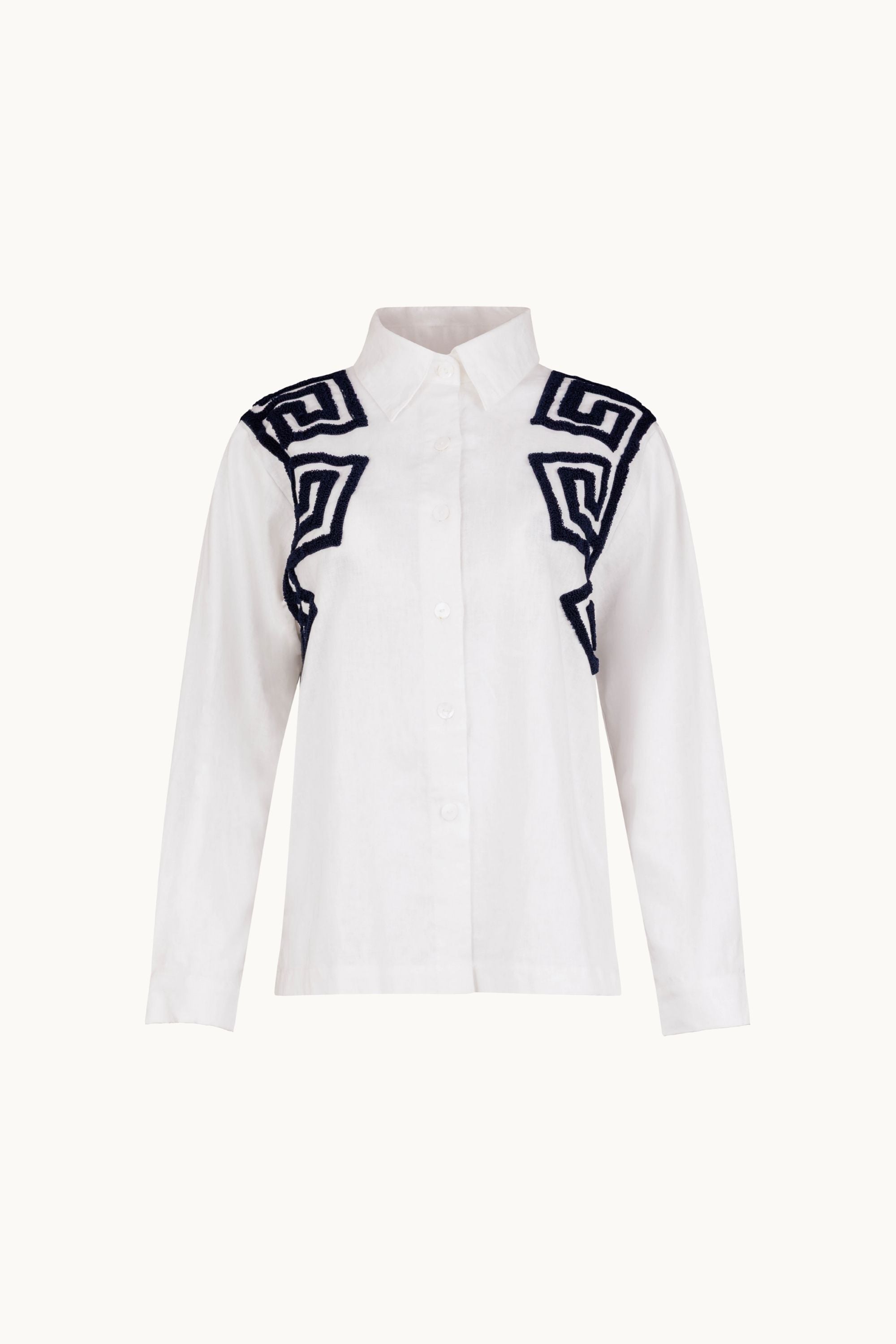 CABANA LONG SLEEVE LINEN SHIRT - WHITE & NAVY