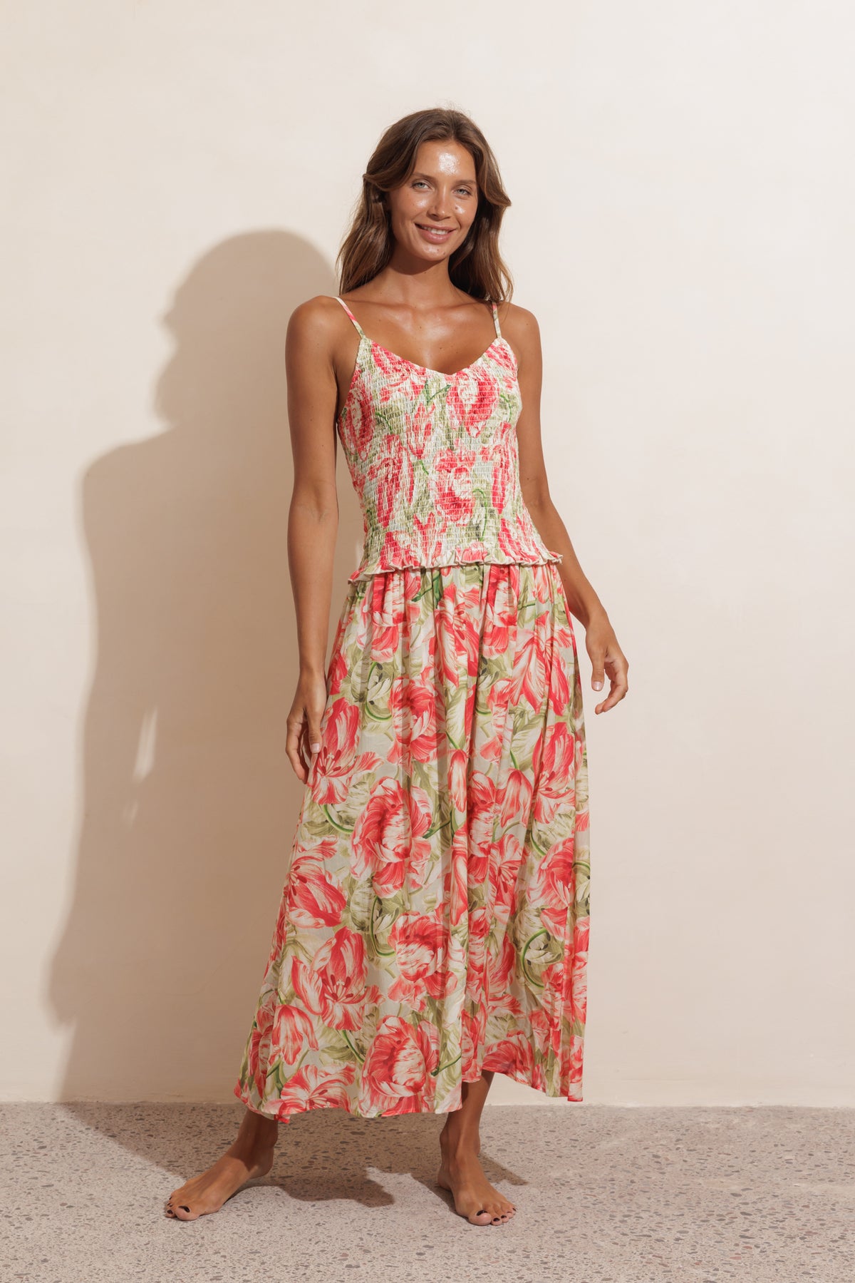 SHIRRED MAXI DRESS - PEONY