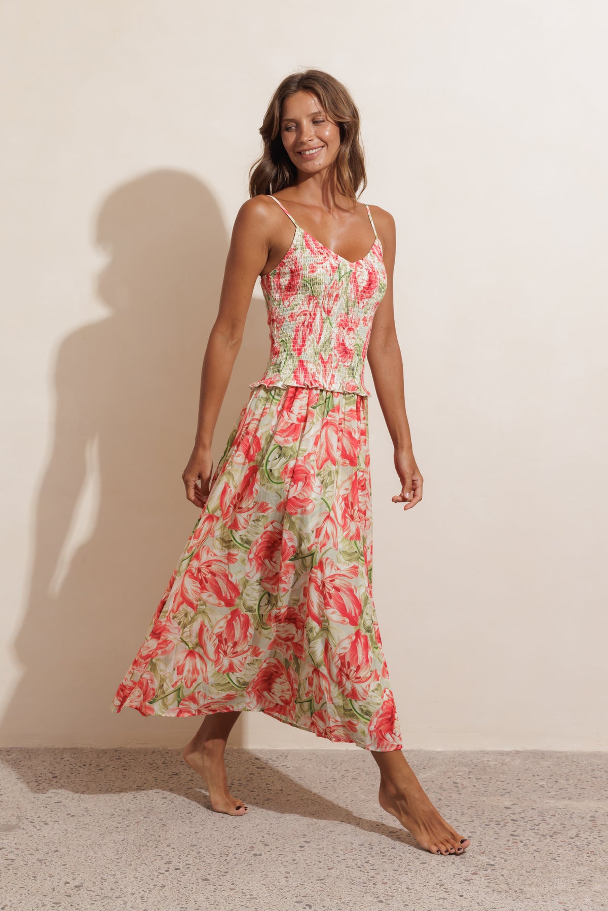 SHIRRED MAXI DRESS - PEONY