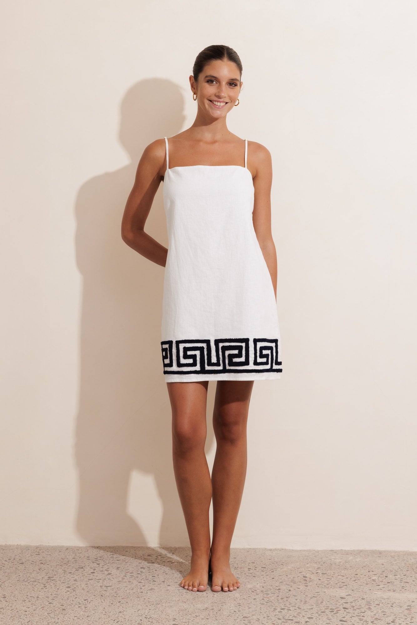 CALLI LINEN MINI DRESS - WHITE & NAVY